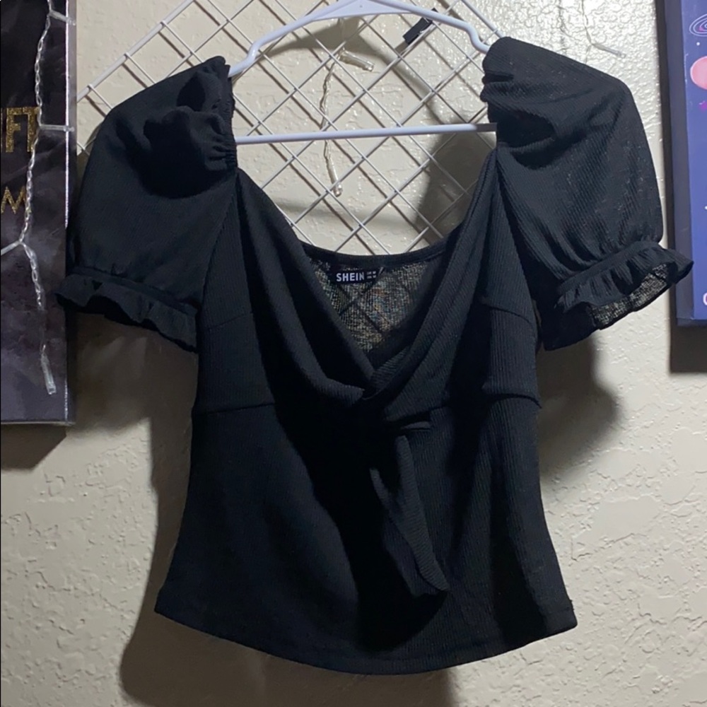 Shein ruffle cuff tie neck rib knit tee